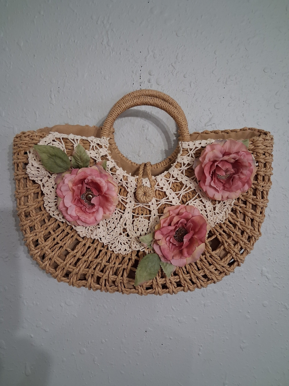Vintage wicker rattan crochet floral whimsy cottage purse